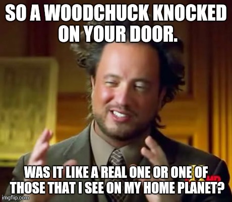 Ancient Aliens Meme | SO A WOODCHUCK KNOCKED ON YOUR DOOR. WAS IT LIKE A REAL ONE OR ONE OF THOSE THAT I SEE ON MY HOME PLANET? | image tagged in memes,ancient aliens | made w/ Imgflip meme maker
