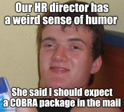 10 Guy Meme | Our HR director has a weird sense of humor; She said I should expect a COBRA package in the mail | image tagged in memes,10 guy | made w/ Imgflip meme maker