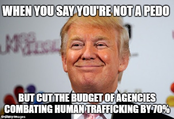 Trump cares | WHEN YOU SAY YOU'RE NOT A PEDO; BUT CUT THE BUDGET OF AGENCIES COMBATING HUMAN TRAFFICKING BY 70% | image tagged in donald trump approves,pedo,maga,trump,pedo twice | made w/ Imgflip meme maker