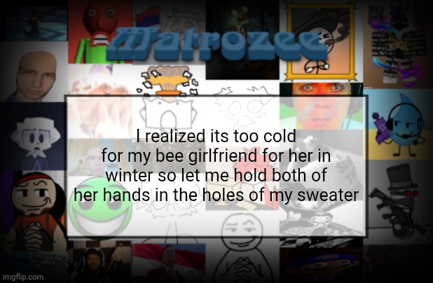 They claim that it's a bisexual song | I realized its too cold for my bee girlfriend for her in winter so let me hold both of her hands in the holes of my sweater | image tagged in matrozee template v2 | made w/ Imgflip meme maker