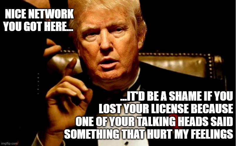 World's. Biggest. Crybaby. | NICE NETWORK YOU GOT HERE... ...IT'D BE A SHAME IF YOU
LOST YOUR LICENSE BECAUSE
ONE OF YOUR TALKING HEADS SAID
SOMETHING THAT HURT MY FEELINGS | image tagged in crybaby trump,corrupt,trump unfit unqualified dangerous,wannabe,dictator | made w/ Imgflip meme maker