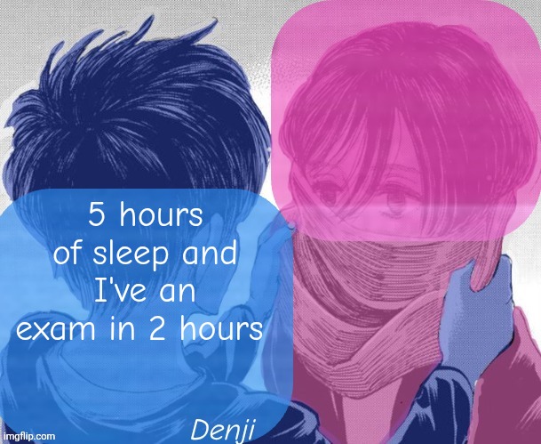 Denji aot tv girl temp | 5 hours of sleep and I've an exam in 2 hours | image tagged in denji aot tv girl temp | made w/ Imgflip meme maker