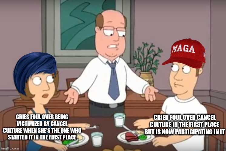 You're hypocritical for decrying cancel culture and also hypocritical for perpetuating it | CRIED FOUL OVER CANCEL CULTURE IN THE FIRST PLACE BUT IS NOW PARTICIPATING IN IT; CRIES FOUL OVER BEING VICTIMIZED BY CANCEL CULTURE WHEN SHE'S THE ONE WHO STARTED IT IN THE FIRST PLACE | image tagged in you're both just awful,charlie kirk,conservative hypocrisy,liberal hypocrisy,cancel culture | made w/ Imgflip meme maker