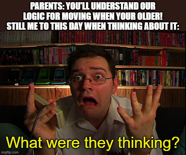 Like the back talking rules I still don't get it | PARENTS: YOU'LL UNDERSTAND OUR LOGIC FOR MOVING WHEN YOUR OLDER! STILL ME TO THIS DAY WHEN THINKING ABOUT IT:; What were they thinking? | image tagged in avgn what were they thinking,memes,sad but true,why are you reading the tags | made w/ Imgflip meme maker