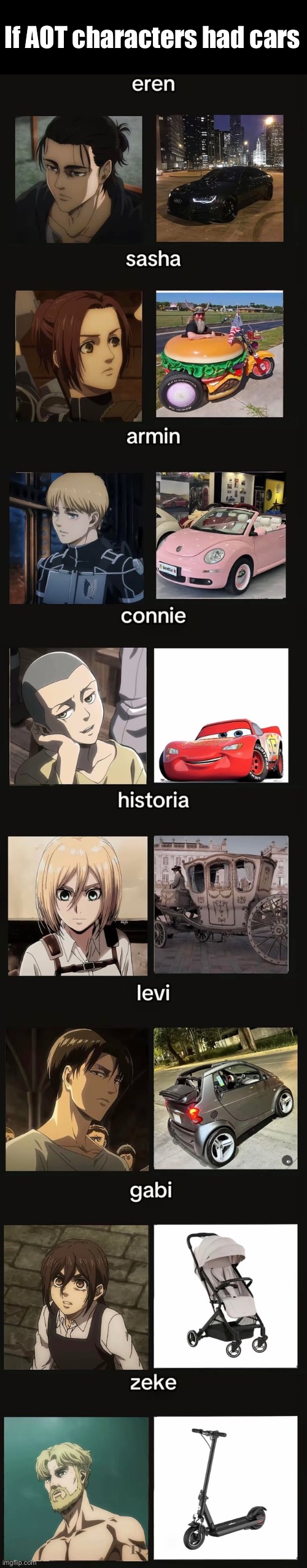 If AOT characters had cars | image tagged in aot | made w/ Imgflip meme maker