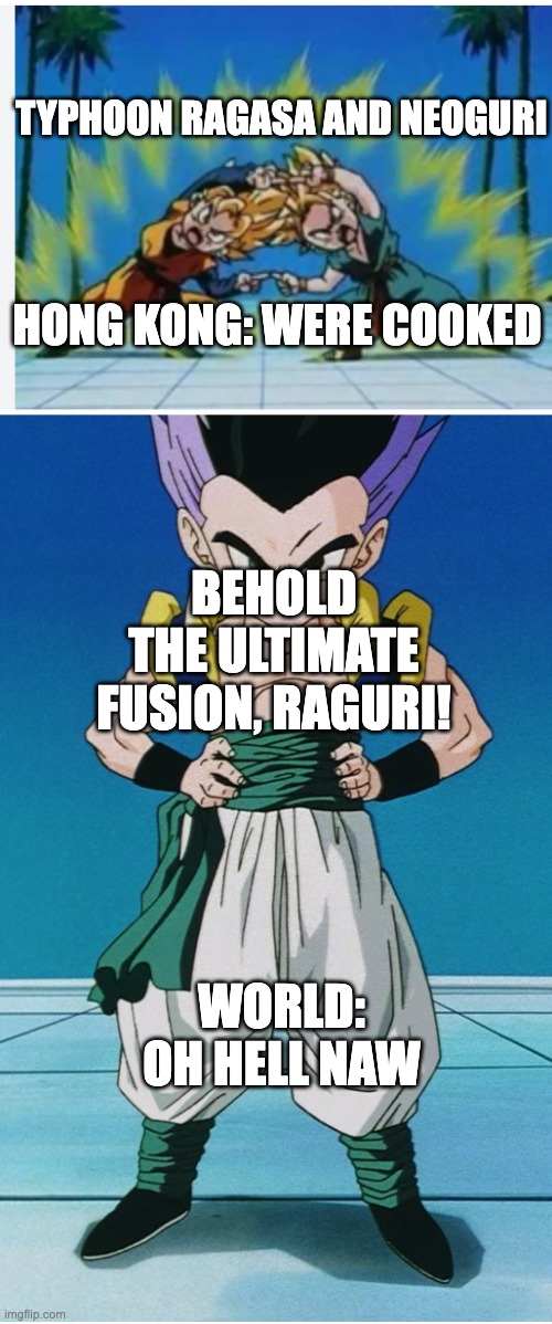 Behold, the ultimate fusion! | TYPHOON RAGASA AND NEOGURI; HONG KONG: WERE COOKED; BEHOLD THE ULTIMATE FUSION, RAGURI! WORLD: OH HELL NAW | image tagged in dragon ball z | made w/ Imgflip meme maker