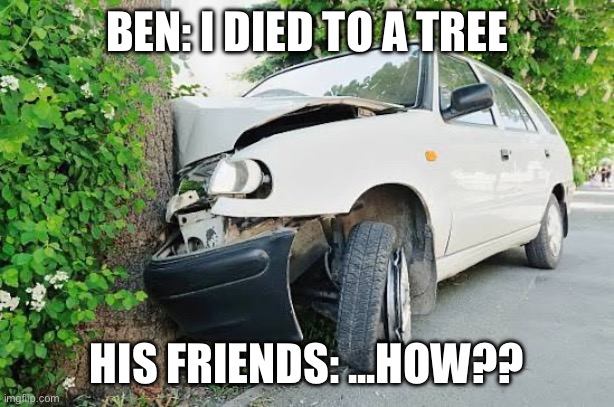 Ben died | BEN: I DIED TO A TREE; HIS FRIENDS: ...HOW?? | image tagged in ben | made w/ Imgflip meme maker