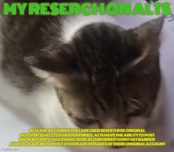 My research on alts | MY RESERCH ON ALTS; ALTS ARE ACCOUNTS THAT ARE USED WHEN THERE ORIGINAL ACCOUNT IS DELETED OR SITEBANNED , ALTS HAVE THE ABILITY TO POST NSFW BUT THEY COULD MAKE MORE ALTS IN ORDER TO NOT GET BANNED , SOME ALTS ARE BOTS WHILE OTHERS ARE REMAKES OF THERE ORIGINAL ACCOUNT | image tagged in ming mong | made w/ Imgflip meme maker