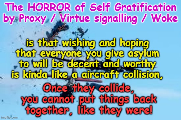 The real HORROR of Woke / Self Gratification by Proxy is for the women and kids! | The HORROR of Self Gratification by Proxy / Virtue signalling / Woke; Yarra Man; is that wishing and hoping that everyone you give asylum to will be decent and worthy is kinda like a aircraft collision, Once they collide, you cannot put things back together, like they were! | image tagged in democrats greens,labor labour teals,la frisco portland minneapolis,albanese starmer,australia uk,virtue signaling new york | made w/ Imgflip meme maker
