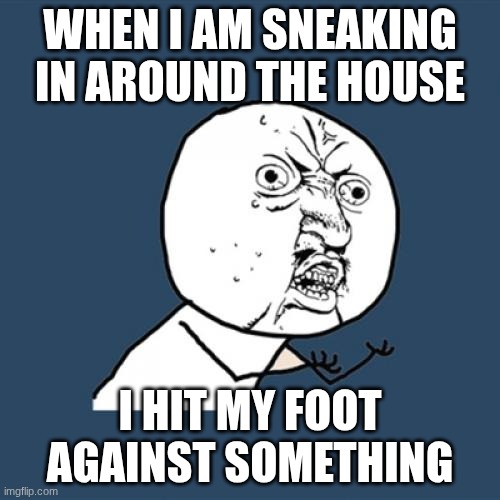 The pure pain | WHEN I AM SNEAKING IN AROUND THE HOUSE; I HIT MY FOOT AGAINST SOMETHING | image tagged in memes,y u no | made w/ Imgflip meme maker