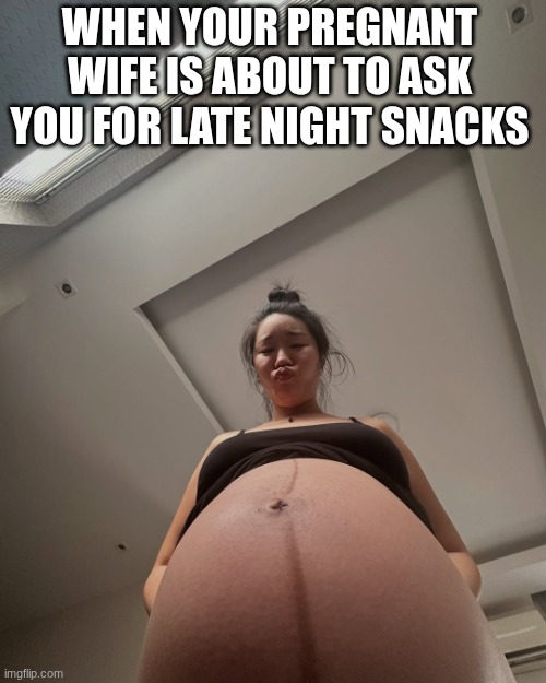 "I want chips, cookies, ice cream and fries on the double" | WHEN YOUR PREGNANT WIFE IS ABOUT TO ASK YOU FOR LATE NIGHT SNACKS | image tagged in pregnant,wife,late night,snacks,big belly | made w/ Imgflip meme maker