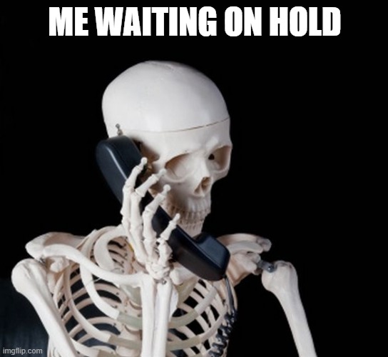 Skeleton on phone | ME WAITING ON HOLD | image tagged in skeleton on phone | made w/ Imgflip meme maker