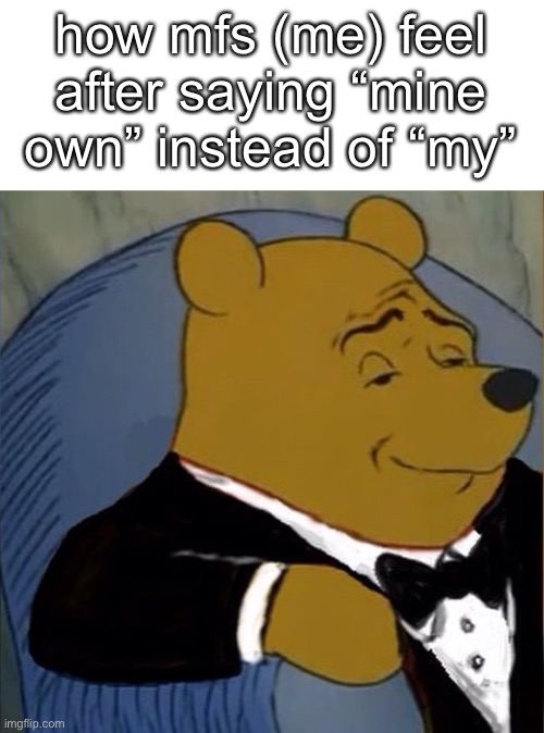 Fancy Pooh | how mfs (me) feel after saying “mine own” instead of “my” | image tagged in fancy pooh | made w/ Imgflip meme maker