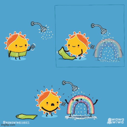 image tagged in sun,towel,shower,water,rainbow,awkward | made w/ Imgflip meme maker