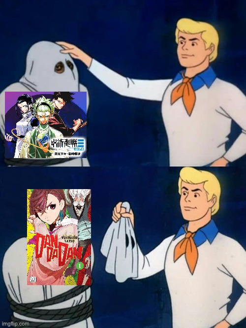 JJK Modulo is literally just Dandadan (I kinda like it tho) | image tagged in scooby doo mask reveal,jujutsu kaisen,dandadan | made w/ Imgflip meme maker