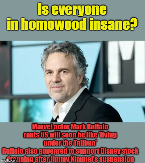 Is everyone in homowood insane? Marvel actor Mark Ruffalo rants US will soon be like 'living under the Taliban'
Ruffalo also appeared to support Disney stock dropping after Jimmy Kimmel's suspension | made w/ Imgflip meme maker