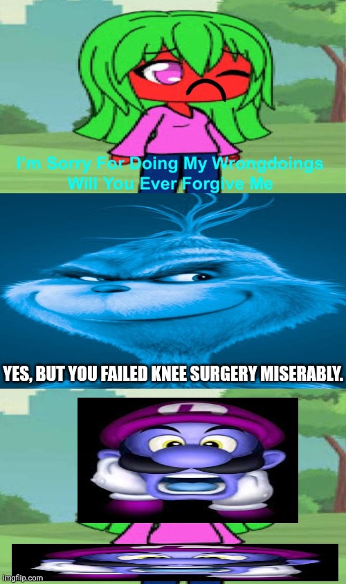 Remake of another ruined fill-in meme I've made earlier | YES, BUT YOU FAILED KNEE SURGERY MISERABLY. | image tagged in ruin this fill in meme 292,deviantart,the grinch,apology,knee surgery,cringe | made w/ Imgflip meme maker