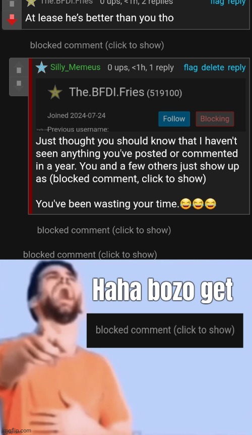 L bozo | image tagged in haha bozo get blocked comment click to show | made w/ Imgflip meme maker