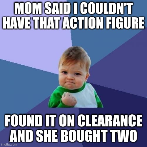 Success Kid | MOM SAID I COULDN’T HAVE THAT ACTION FIGURE; FOUND IT ON CLEARANCE AND SHE BOUGHT TWO | image tagged in memes,success kid | made w/ Imgflip meme maker