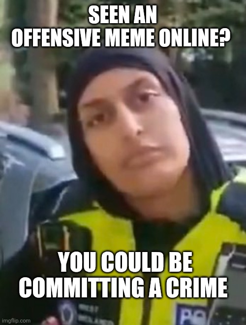 Morality Police | SEEN AN OFFENSIVE MEME ONLINE? YOU COULD BE COMMITTING A CRIME | image tagged in police,uk | made w/ Imgflip meme maker