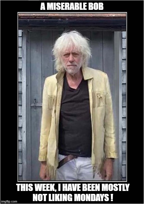 He Never Looks Happy | A MISERABLE BOB; THIS WEEK, I HAVE BEEN MOSTLY
NOT LIKING MONDAYS ! | image tagged in bob geldolf,the fast show,mondays | made w/ Imgflip meme maker
