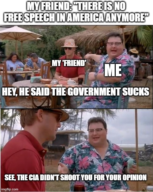 POV: Your friend obviously doesn't do basic research (It gets annoying) | MY FRIEND: "THERE IS NO FREE SPEECH IN AMERICA ANYMORE"; MY 'FRIEND'; ME; HEY, HE SAID THE GOVERNMENT SUCKS; SEE, THE CIA DIDN'T SHOOT YOU FOR YOUR OPINION | image tagged in memes,see nobody cares,politics | made w/ Imgflip meme maker