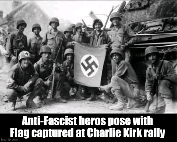Gaping neck wound | Anti-Fascist heros pose with 
Flag captured at Charlie Kirk rally | image tagged in anti fascists,kirk | made w/ Imgflip meme maker