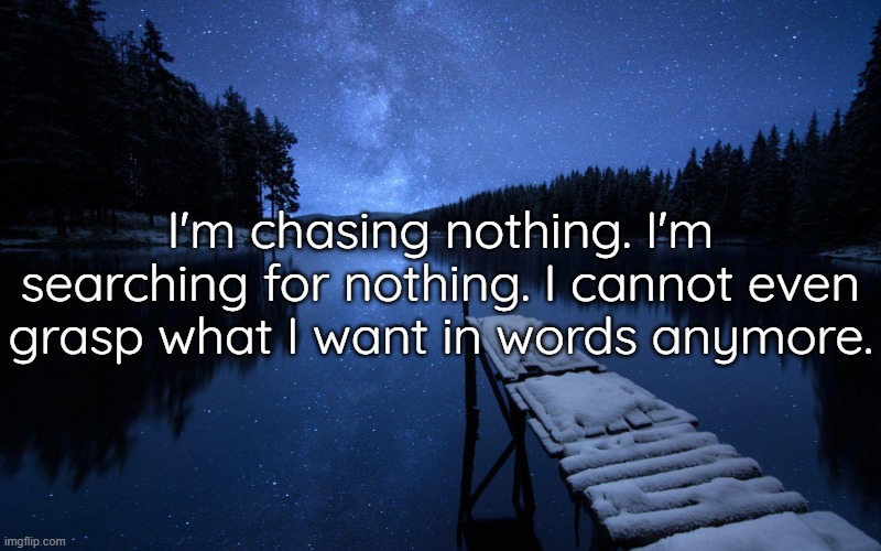 I'm chasing nothing. I'm searching for nothing. I cannot even grasp what I want in words anymore. | made w/ Imgflip meme maker