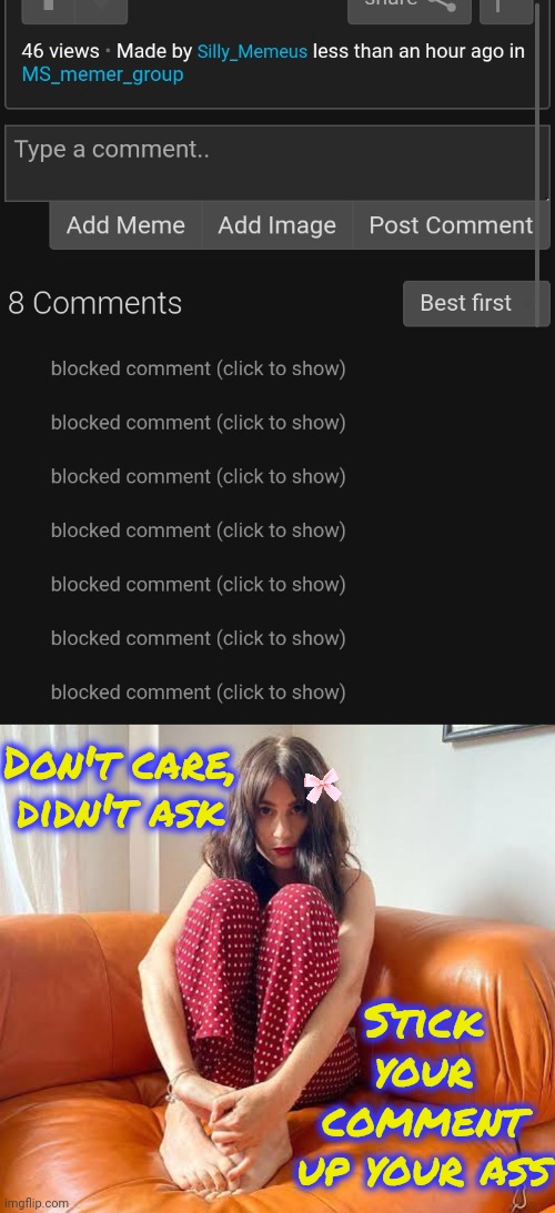Lalalalala I can't hear you | Don't care, didn't ask; Stick your comment up your ass | image tagged in memez,blocked | made w/ Imgflip meme maker