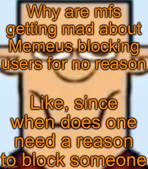 Besides, if Memeus doesn‘t like those users that‘s enough of a reason | Why are mfs getting mad about Memeus blocking users for no reason; Like, since when does one need a reason to block someone | image tagged in sped tyler | made w/ Imgflip meme maker