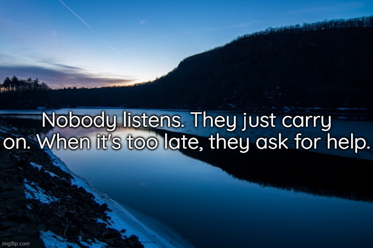 Nobody listens. They just carry on. When it's too late, they ask for help. | made w/ Imgflip meme maker