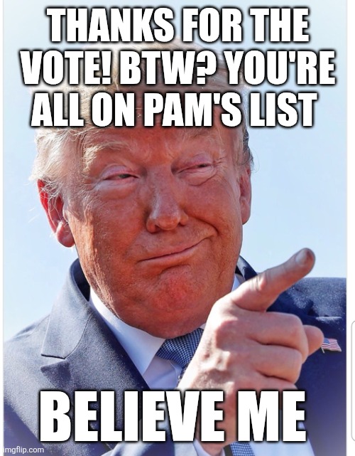 Trump pointing | THANKS FOR THE VOTE! BTW? YOU'RE ALL ON PAM'S LIST BELIEVE ME | image tagged in trump pointing | made w/ Imgflip meme maker