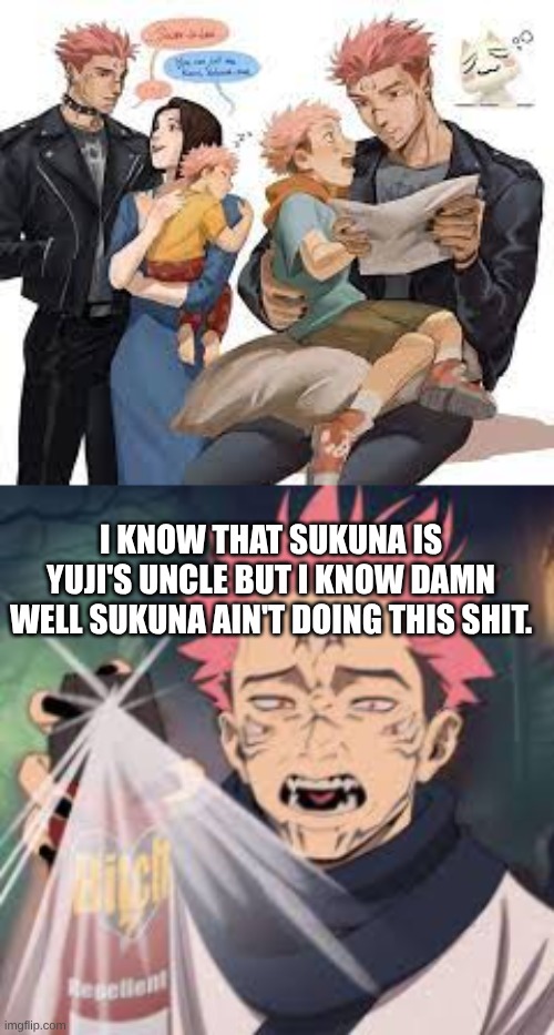 Sukuna does NOT approve | I KNOW THAT SUKUNA IS YUJI'S UNCLE BUT I KNOW DAMN WELL SUKUNA AIN'T DOING THIS SHIT. | image tagged in unclekuna | made w/ Imgflip meme maker