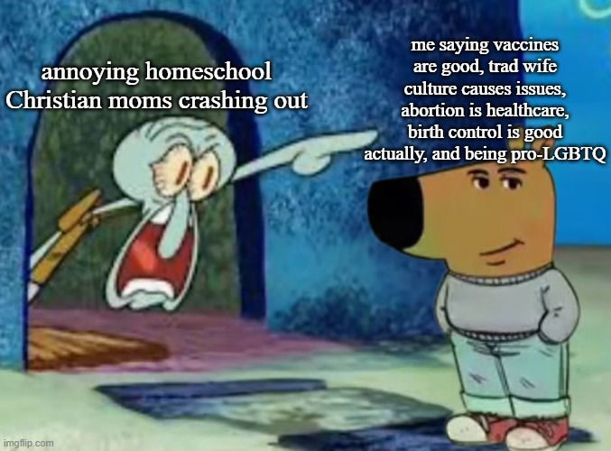 usually on facebook unsurprisingly | me saying vaccines are good, trad wife culture causes issues, abortion is healthcare, birth control is good actually, and being pro-LGBTQ; annoying homeschool Christian moms crashing out | image tagged in spongebob,yelling,homeschool moms | made w/ Imgflip meme maker