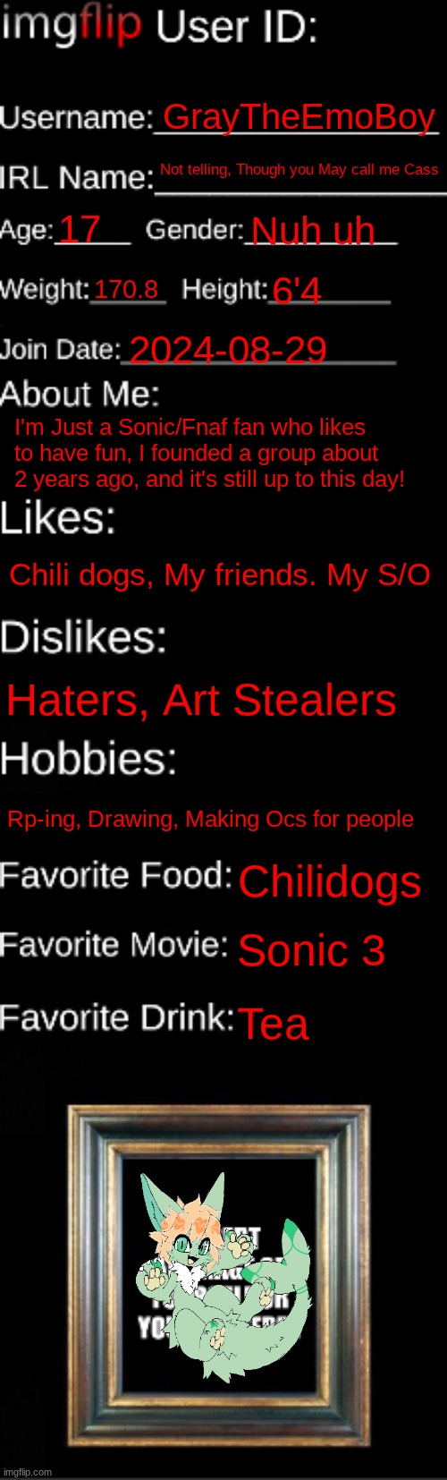 Here ya go, I suppose | GrayTheEmoBoy; Not telling, Though you May call me Cass; 17; Nuh uh; 170.8; 6'4; 2024-08-29; I'm Just a Sonic/Fnaf fan who likes to have fun, I founded a group about 2 years ago, and it's still up to this day! Chili dogs, My friends. My S/O; Haters, Art Stealers; Rp-ing, Drawing, Making Ocs for people; Chilidogs; Sonic 3; Tea | image tagged in imgflip id card | made w/ Imgflip meme maker