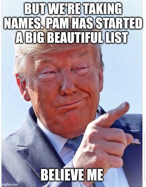 Trump pointing | BUT WE'RE TAKING NAMES. PAM HAS STARTED A BIG BEAUTIFUL LIST BELIEVE ME | image tagged in trump pointing | made w/ Imgflip meme maker