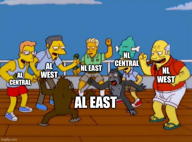 Simpsons Monkey Fight | NL CENTRAL; NL EAST; AL WEST; NL WEST; AL CENTRAL; AL EAST | image tagged in simpsons monkey fight | made w/ Imgflip meme maker