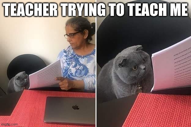 teaching me be like | TEACHER TRYING TO TEACH ME | image tagged in woman showing paper to cat | made w/ Imgflip meme maker
