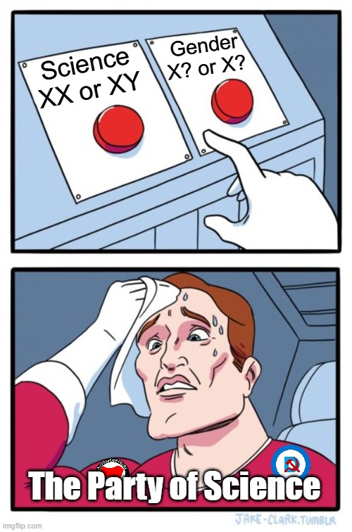 Inquiring Minds Would Like to Know, Is it Science or a Structure of Grammar? | Gender
X? or X? Science
XX or XY; The Party of Science | image tagged in memes,two buttons | made w/ Imgflip meme maker