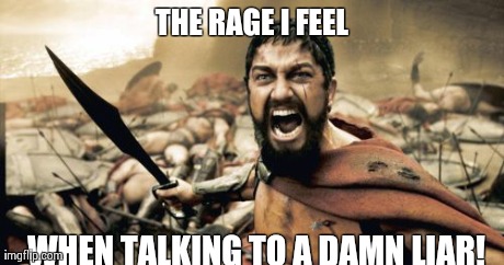 Sparta Leonidas | THE RAGE I FEEL WHEN TALKING TO A DAMN LIAR! | image tagged in memes,sparta leonidas | made w/ Imgflip meme maker