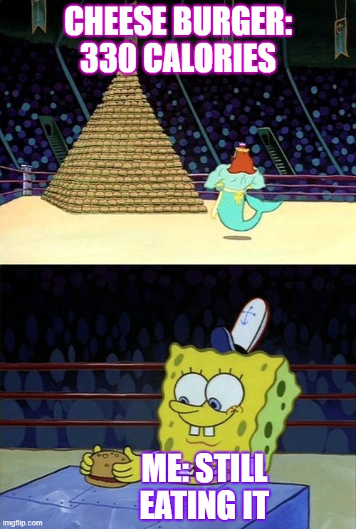 Cheese burger | CHEESE BURGER: 330 CALORIES; ME: STILL EATING IT | image tagged in spongebob burger | made w/ Imgflip meme maker