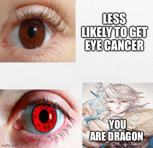 I have no name for this, it just meme | LESS LIKELY TO GET EYE CANCER; YOU ARE DRAGON | image tagged in memes,fire emblem,corrin,eyes | made w/ Imgflip meme maker