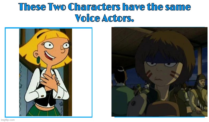 Nika Futterman 2 | image tagged in same voice actor,nika futterman,avatar the last airbender,hey arnold,nickelodeon | made w/ Imgflip meme maker