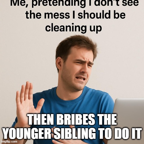 It always comes down to this | THEN BRIBES THE YOUNGER SIBLING TO DO IT | image tagged in funny,funny memes,relatable | made w/ Imgflip meme maker