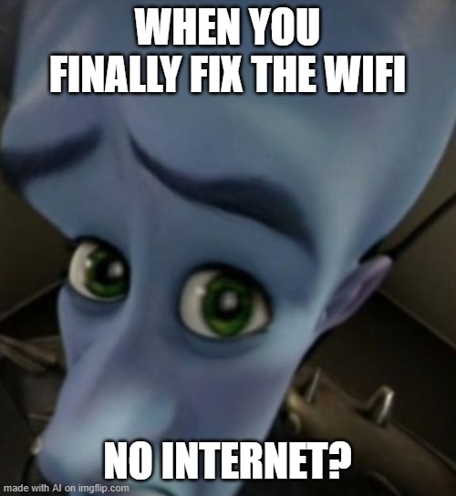 Finally! or not?!?!?!? | WHEN YOU FINALLY FIX THE WIFI; NO INTERNET? | image tagged in megamind | made w/ Imgflip meme maker