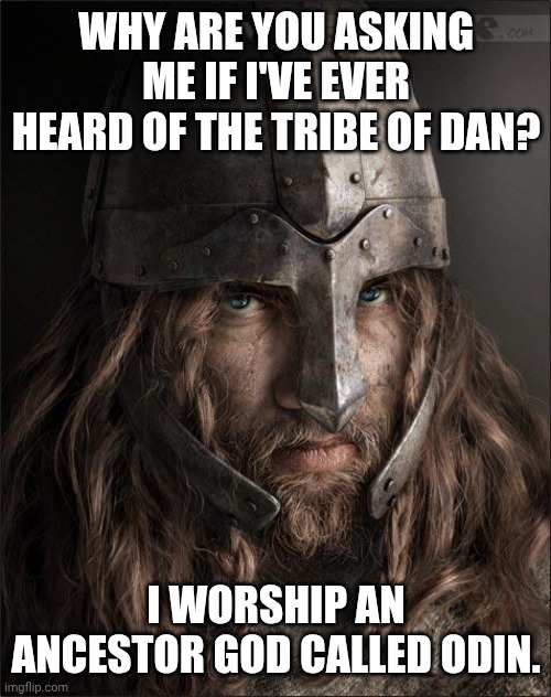 viking | WHY ARE YOU ASKING ME IF I'VE EVER HEARD OF THE TRIBE OF DAN? I WORSHIP AN ANCESTOR GOD CALLED ODIN. | image tagged in viking | made w/ Imgflip meme maker
