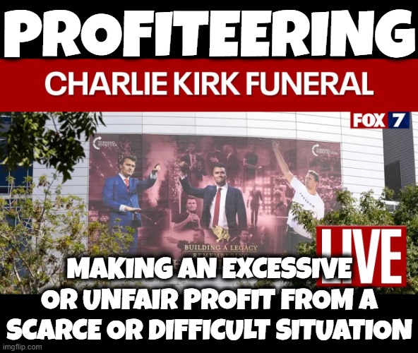 PROFITEERING | PROFITEERING; MAKING AN EXCESSIVE OR UNFAIR PROFIT FROM A SCARCE OR DIFFICULT SITUATION | image tagged in profiteering,exploitation,opportunism,grifter,vulture,fraud | made w/ Imgflip meme maker
