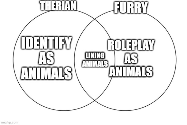 venn diagram | IDENTIFY AS ANIMALS LIKING ANIMALS ROLEPLAY AS ANIMALS THERIAN FURRY | image tagged in venn diagram | made w/ Imgflip meme maker