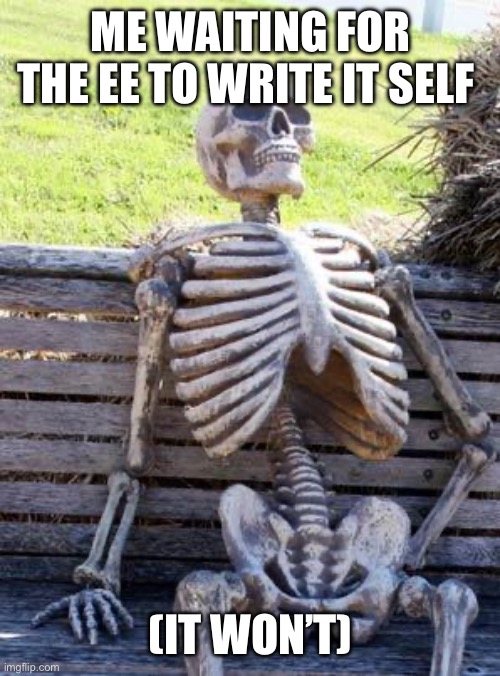 Waiting Skeleton Meme | ME WAITING FOR THE EE TO WRITE IT SELF; (IT WON’T) | image tagged in memes,waiting skeleton | made w/ Imgflip meme maker