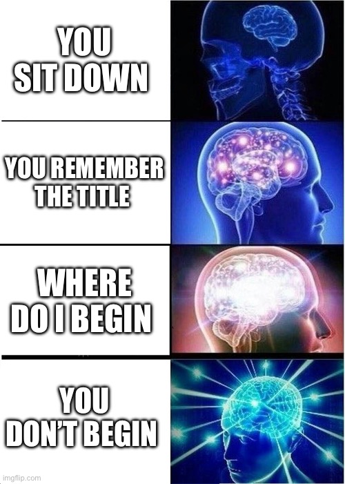 Expanding Brain Meme | YOU SIT DOWN; YOU REMEMBER THE TITLE; WHERE DO I BEGIN; YOU DON’T BEGIN | image tagged in memes,expanding brain | made w/ Imgflip meme maker
